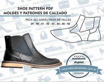 May include: A black leather ankle boot with a brown sole. The boot is shown on a white background with text that reads "SHOE PATTERN PDF MOLDES Y PATRONES DE CALZADO PACK ALL SIZES / PACK DE TALLES 39 - 40 - 41 - 42 - 43 - 44 - 45 - 46 www.tallerdecalzado.com.ar" and a logo that reads "molderia digital www.tallerdecalzado.com.ar".