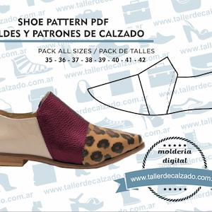 以下が含まれることがあります： 「SHOE PATTERN PDF」と「MOLDES Y PATRONES DE CALZADO」のテキストが入った靴のパターンPDF。画像には、クリーム色、バーガンディ色、ヒョウ柄のデザインの完成した靴と、パターンのアウトラインが表示されています。サイズ35～42が記載されています。