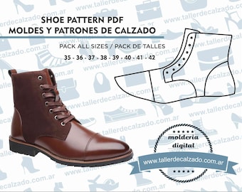 May include: A brown leather boot with a lace-up closure and a suede panel. The boot has a thick sole and a rounded toe. The image also includes a shoe pattern template and the text "SHOE PATTERN PDF MOLDES Y PATRONES DE CALZADO PACK ALL SIZES / PACK DE TALLES 35 - 36 - 37 - 38 - 39 - 40 - 41 - 42 www.tallerdecalzado.com.ar molderia digital www.tallerdecalzado.com.ar"