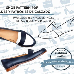 Può includere: Un modello digitale per la creazione di scarpe, con un design di scarpa blu e bianca. Il modello include le taglie 35-42. Il testo "Shoe Pattern PDF Moldes y Patrones de Calzado Pack All Sizes / Pack de Talles" è visualizzato sull'immagine. Il testo "www.tallerdecalzado.com.ar" è anche visualizzato sull'immagine.