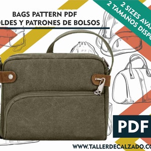 Puede incluir: Un bolso de bandolera de lona verde con un bolsillo con cremallera y una correa de cuero marrón. El bolso está disponible en dos tamaños. La imagen incluye el texto "BAGS PATTERN PDF MOLDES Y PATRONES DE BOLSOS 2 TAMAÑOS DISPONIBLES 2 SIZES AVAILABLE PDF WWW.TALLERDECALZADO.COM.AR"