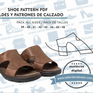 Puede incluir: Una sandalia de cuero marrón con una correa en la parte superior y un cierre de hebilla. La sandalia tiene una suela gruesa y un diseño cómodo. La imagen incluye el texto "SHOE PATTERN PDF MOLDES Y PATRONES DE CALZADO PACK ALL SIZES / PACK DE TALLES 39 - 40 - 41 - 42 - 43 - 44 - 45 - 46 www.tallerdecalzado.com.ar molderia digital www.tallerdecalzado.com.ar"