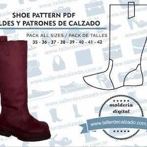 Op de afbeelding: Een digitaal patroon voor een bordeauxrode kniehoge laars met een dikke zool. Het patroon is verkrijgbaar in de maten 35-42. De afbeelding bevat de tekst "SHOE PATTERN PDF MOLDES Y PATRONES DE CALZADO PACK ALL SIZES / PACK DE TALLES 35 - 36 - 37 - 38 - 39 - 40 - 41 - 42" en een logo met de tekst "molderia digital www.tallerdecalzado.com.ar".