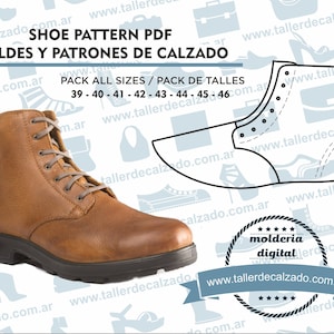 May include: A brown leather boot with a lace-up closure. The boot has a thick sole and a rounded toe. The image includes the text "SHOE PATTERN PDF MOLDES Y PATRONES DE CALZADO PACK ALL SIZES / PACK DE TALLES 39 - 40 - 41 - 42 - 43 - 44 - 45 - 46" and a logo that says "molderia digital".