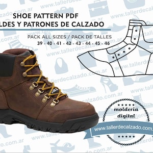 May include: A brown leather work boot with yellow laces and a black sole. The boot is on a white background with the text "SHOE PATTERN PDF MOLDES Y PATRONES DE CALZADO PACK ALL SIZES / PACK DE TALLES 39 - 40 - 41 - 42 - 43 - 44 - 45 - 46" and a website address.
