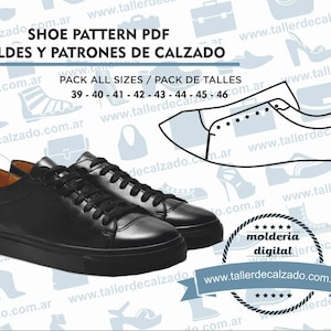 Könnte beinhalten: Schwarzes Leder-Schuhmuster-PDF zum Herstellen von Schuhen. Das PDF enthält Muster für die Größen 39-46. Das Bild enthält auch ein Logo für "Molderia Digital" mit der Website-Adresse www.tallerdecalzado.com.ar.