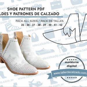 May include: A digital pattern for making shoes. The pattern includes a white shoe with a pointed toe and a cut-out design. The pattern is available in sizes 35-42. The text "SHOE PATTERN PDF MOLDES Y PATRONES DE CALZADO PACK ALL SIZES / PACK DE TALLES 35 - 36 - 37 - 38 - 39 - 40 - 41 - 42" is displayed on the image.