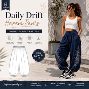 Könnte beinhalten: Ein digitales Schnittmuster für Daily Drift Haremshosen, mit einer weißen Strichzeichnung der Hose, Text für die Größen XS-XXXL und einem Foto einer marineblauen Haremshose mit Blumenstickerei an den Beinen und einem weißen Tanktop.