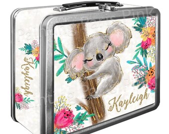 Koala Sparkly Watercolor Classic Tin Lunch Box with or w/out Side Wrap | Back To School | Personalized | Image on Both Sides | Keepsake Box
