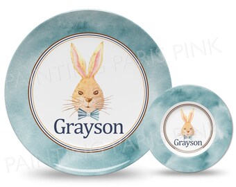 Watercolor Bunny Personalized 10" Plate, Bowl or 2 Piece Set | Customized | Easter | Bowtie
