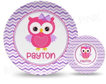 Purple Chevron Owl Personalized 10" Plate, Bowl, or 2 Piece Dinnerware Set | Bird | Heart | Made in the USA