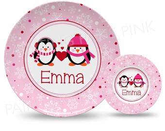 Penguins Love Personalized 10" Plate, Bowl or 2 Piece Set | Customized | Heart | Snowflakes | Valentine | Made in the USA