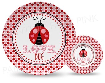 Love Bug Hearts 10" Plate, Bowl, or 2 Piece Dinnerware Set | Valentine | Ladybug | Made in the USA