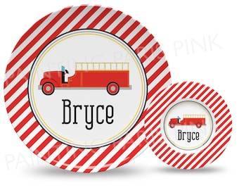 Vintage Firetruck Personalized 10" Plate, Bowl, or 2 Piece Dinnerware Set | Fireman | Hero | Made in the USA