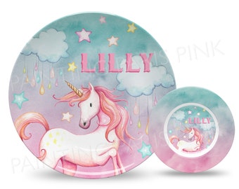 Unicorn Watercolor Personalized 10" Plate, Bowl or 2 Piece Set | Customized | Stars | Dreamy | Fantasy
