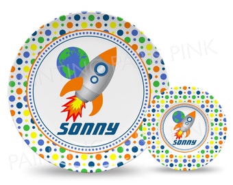 Rocket Ship Personalized 10" Plate, Bowl or 2 Piece Set | Customized | Outer Space | Out of this World
