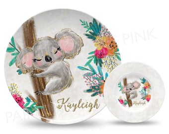 Koala Sparkly Personalized 10" Plate, Bowl or 2 Piece Set | Customized | Animal | Bear | Watercolor Floral