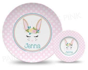 Easter Bunny Face Floral Personalized 10" Plate, Bowl or 2 Piece Set | Customized | Easter | Bunny Rabbit | Holiday | Made in USA