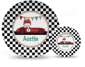 Vintage Race Car Personalized 10" Plate, Bowl or 2 Piece Dinnerware Set | Customized | Race Car | Checkered Flag | Made in the USA
