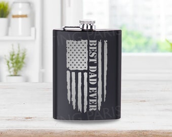 Stainless Steel Hip Flask Distressed Flag Best Dad Engraved | Daddy Dad | Gift | Wedding | Father's Day | Free Shipping