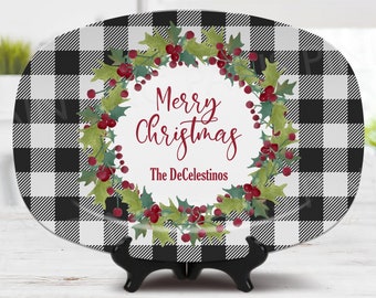 Buffalo Plaid Holly Wreath Personalized Serving Platter | Holiday | Food | Christmas | Family | Custom