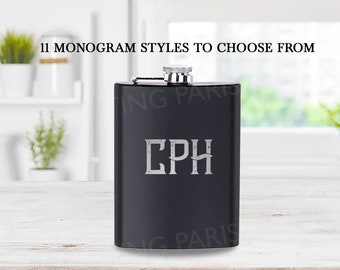 Stainless Steel Hip Flask Men's Monogram Engraved | 11 Monogram Style Options | Groomsman Gift | Wedding | Father's Day | Free Shipping