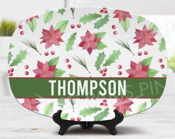 Watercolor Poinsettia Personalized Serving Platter | Holiday | Food | Christmas | Family Name | Custom | Floral
