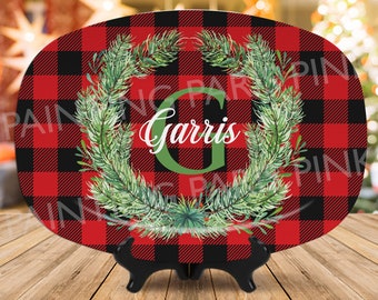 Red Buffalo Plaid Wreath Personalized Serving Platter | Holiday | Food | Christmas | Custom