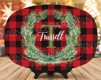 Red Buffalo Plaid Wreath Personalized Serving Platter | Holiday | Food | Christmas | Custom