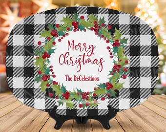 Buffalo Plaid Holly Wreath Personalized Serving Platter | Holiday | Food | Christmas | Custom