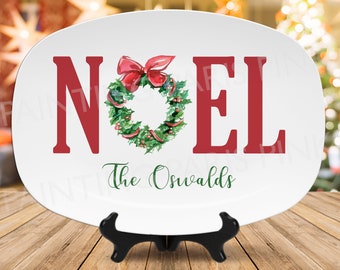 NOEL Watercolor Wreath Personalized Serving Platter | Holiday | Food | Christmas | Custom