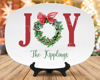 JOY Watercolor Wreath Personalized Serving Platter | Holiday | Food | Christmas | Custom