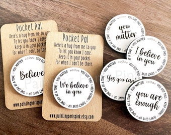 Set of 2 Inspirational Pocket Pals | Pocket Hugs | Love Token | Motivational | Mental Health | Wooden Disc | Free Shipping