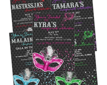 Masquerade Invitation | Printable OR Professionally Printed | Customized | Quinceañera | Sweet 16 | Mardi Gras | 5 Colors To Choose From
