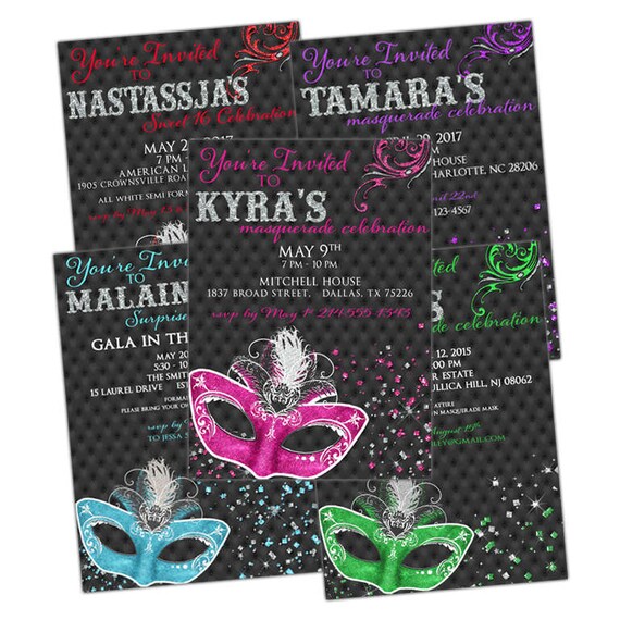 Masquerade Invitation | Printable OR Professionally Printed | Customized | Quinceañera | Sweet 16 | Mardi Gras | 5 Colors To Choose From Il_570xn