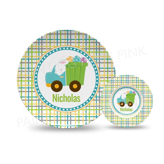 Easter Bunny Truck Plaid Personalized 10" Plate, Bowl or 2 Piece Set | Customized | Easter | Bunny Rabbit | Holiday Il_570xn