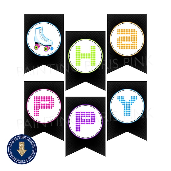 Neon Roller Skating Happy Birthday Banner | 80's | Retro | Printable | Instant Download Il_570xn