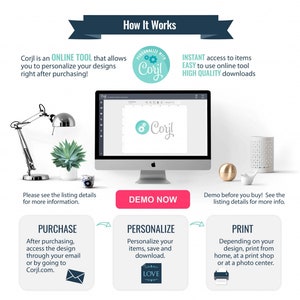 May include: A digital design process graphic with the text "How It Works." It shows a computer screen with the Corjl logo, a desk lamp, and a succulent plant. The steps are Purchase, Personalize, and Print.