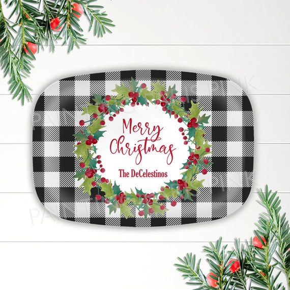 White Buffalo Plaid Merry Christmas or Happy Holidays Wreath Personalized Melamine Platter | Happy Holidays | Watercolor Il_570xn