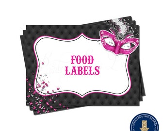 Hot Pink Masquerade Food Label Tent Cards | Printable | Instant Download | | Mardi Gras | Sweet 16 | Quinceañera