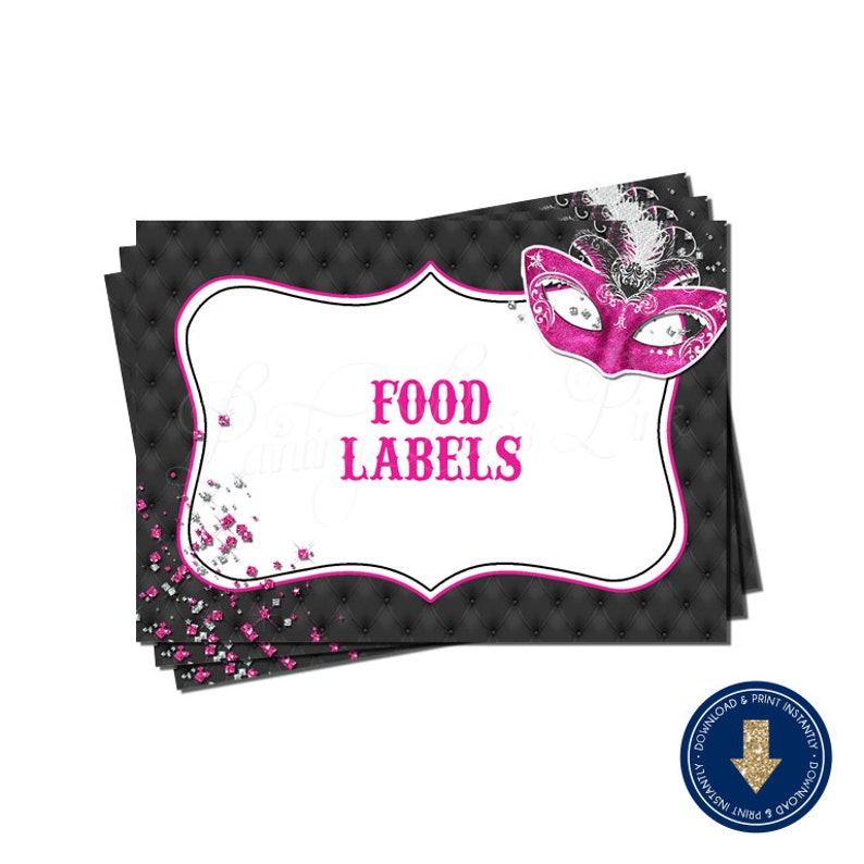 Hot Pink Masquerade Food Label Tent Cards Printable Instant Download Mardi Gras Sweet 16 Quinceañera image 1