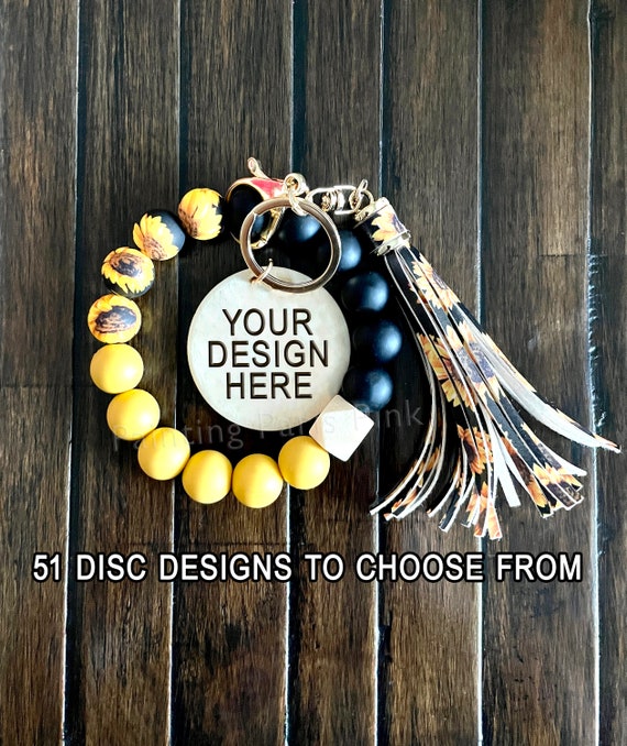 Custom Sunflower Silicone Beaded Wristlet Bracelet Keychain | Engraved Wooden Disc | You Choose Your Personalized Design | Free Shipping Il_570xn