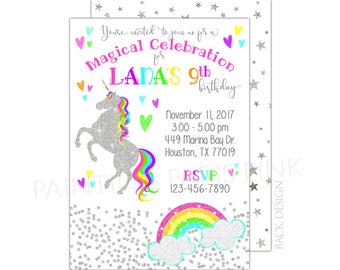 Unicorn Glitter Birthday Party Invitation | Printable OR Professionally Printed | 5x7