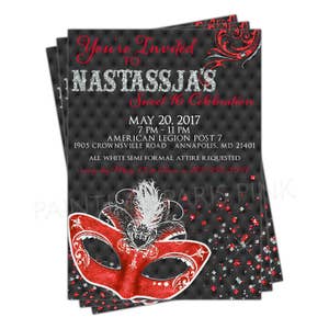 Masquerade Invitation Printable OR Professionally Printed Customized Quinceañera Sweet 16 Mardi Gras 5 Colors To Choose From image 4