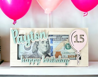 Personalized Birthday Money Holder | Engraved Wood | Balloon | Age | Gift | Holds Multiple Bills |