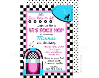 May include: A pink and blue 50's sock hop party invitation with a black and white checkered background. The invitation features a pink and blue jukebox, a poodle skirt, and the text "Let's Shake, Rattle -N- Roll".