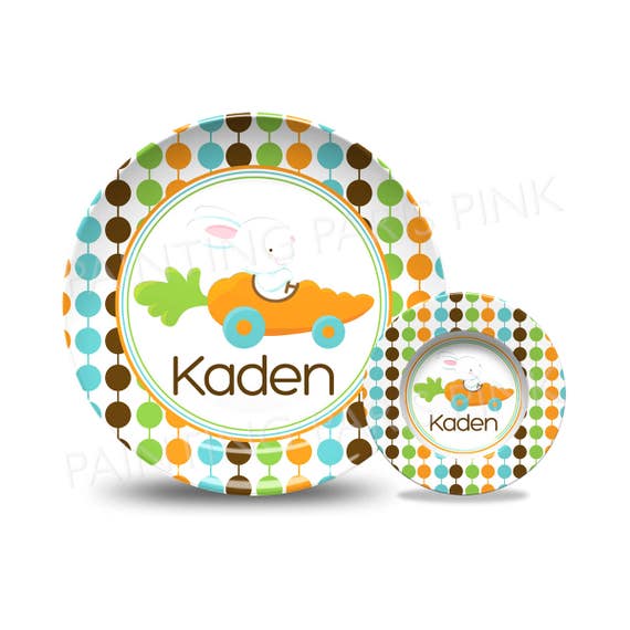 Easter Bunny Carrot Car Personalized Thermosaf Polymer 10" Plate, 9" Bowl or 2 Piece Set | Custom | Spring | Rabbit | Safer than Melamine Il_570xn
