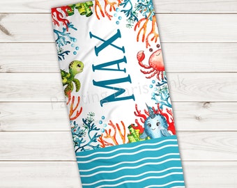 Beach Towel | Sea Life Watercolor Personalized | Extra Large 30x60 | Ultra-Soft Sheared Microfiber | Summer | Gift | Ocean Life