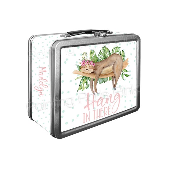 Watercolor Sloth Hang In There Classic Tin Lunch Box | Side Wrap | Back To School | Personalized | Image on Both Sides | Keepsake Box Il_570xn