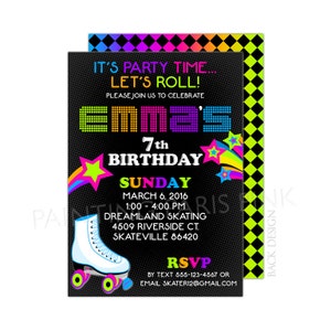 Neon Roller Skating Birthday Party Invitation Printable OR Professionally Printed 5x7 image 1